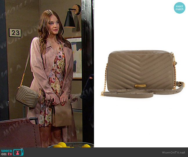 Rebecca Minkoff Edie Top Zip Leather Convertible Crossbody Bag in Deep Taupe worn by Stephanie Johnson (Abigail Klein) on Days of our Lives