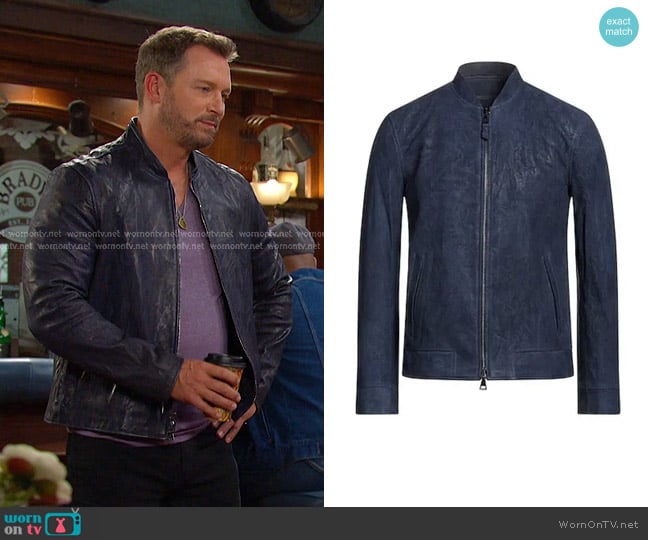 John Varvatos Regular Fit Leather Racer Jacket In Sapphire worn by Brady Black (Eric Martsolf) on Days of our Lives