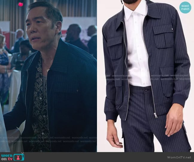 Ron Tomson Pinstriped Utility Bomber Jacket worn by Chozen Toguchi (Yuji Don Okumoto) on Cobra Kai