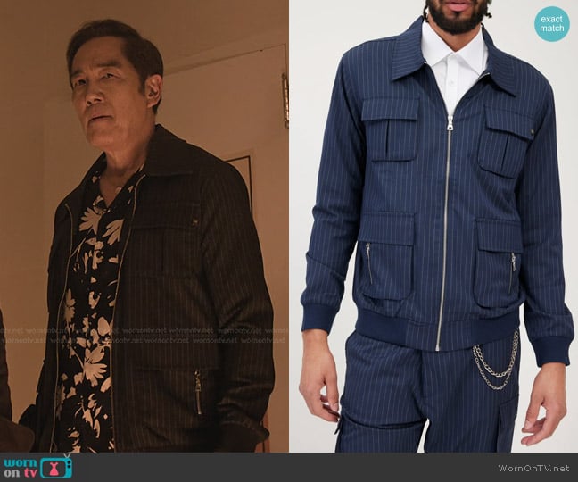 Chozen’s navy striped jacket on Cobra Kai