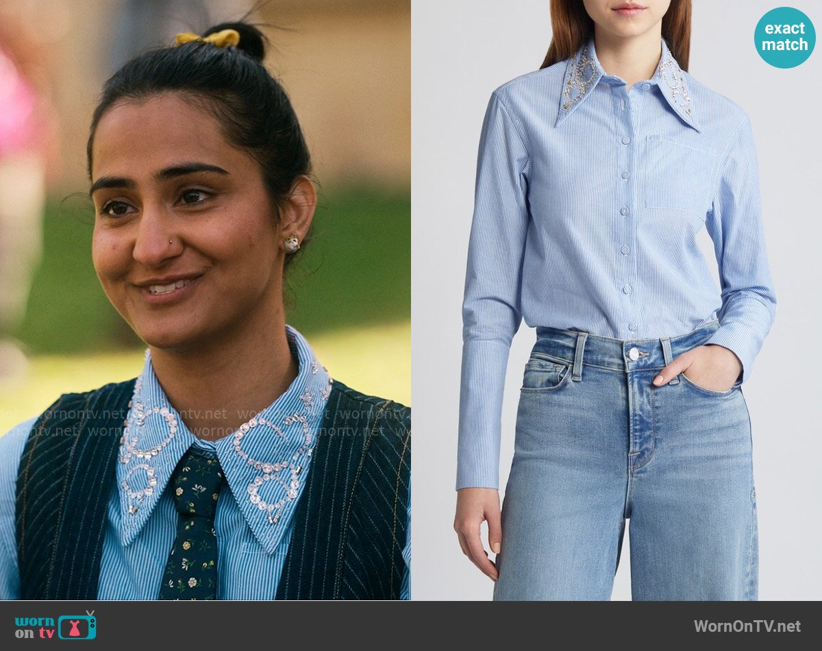 Saint Sintra Swarvoski® Crystal Embellished Crop Button-Up Shirt worn by Bela Malhotra (Amrit Kaur) on The Sex Lives of College Girls