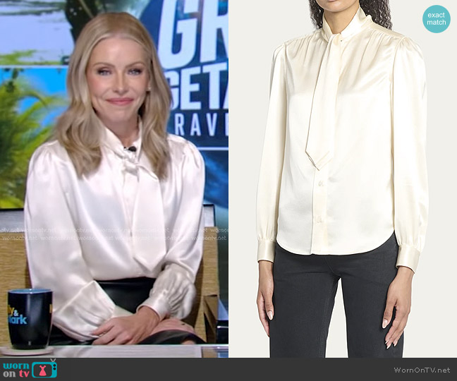 Saint Laurent Lavallière-neck Blouse In Silk Satin worn by Kelly Ripa on Live with Kelly and Mark