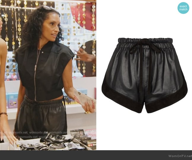 Saint Laurent Suede-trimmed leather shorts worn by Racquel Chevremont on The Real Housewives of New York City