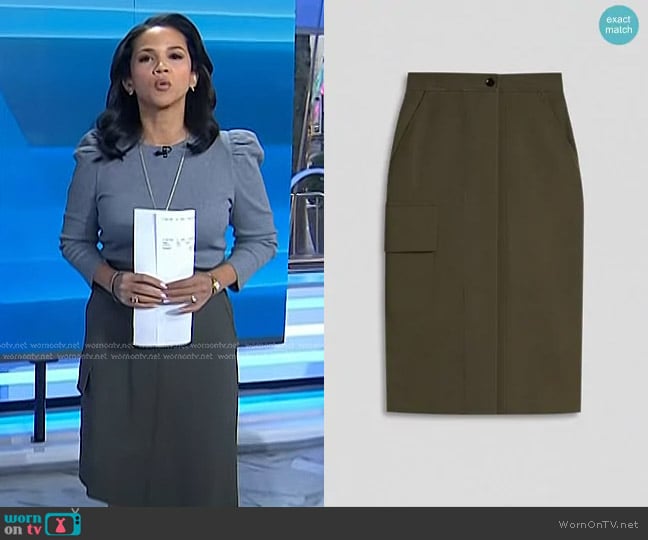 Scanlan Theodore Tailored Patch Pocket Skirt in Jungle worn by Laura Jarrett on Today