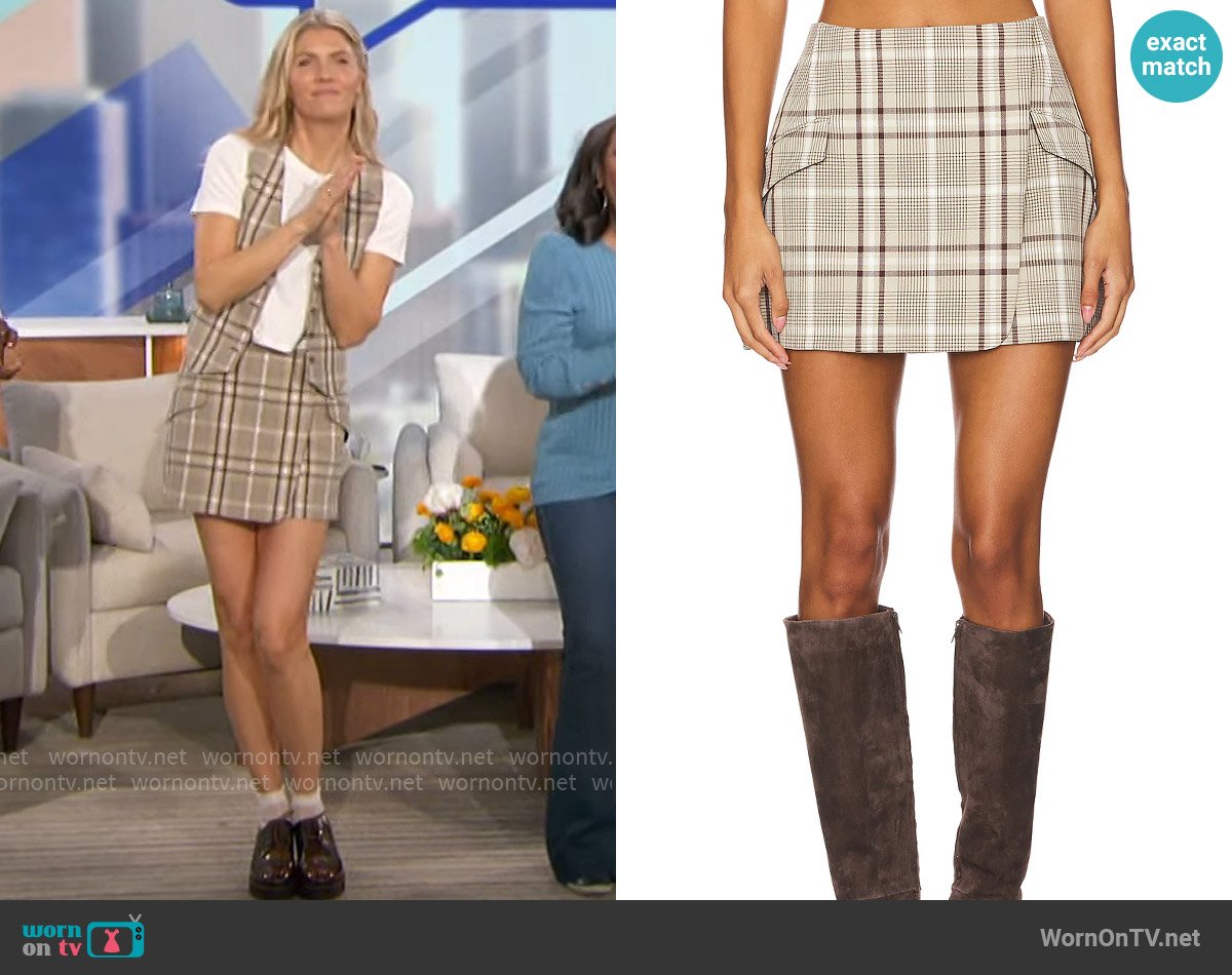 Simkhai Payton Wrap Mini Skirt in Sand Plaid worn by Amanda Kloots on The Talk