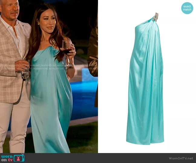 Stella McCartney Falabella Crystal Draped Satin Gown in Aquamarine worn by Angie Katsanevas on The Real Housewives of Salt Lake City