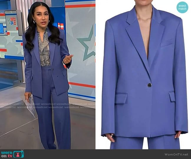 The Attico Oversized Single-Breasted Blazer in Violet worn by Morgan Radford on NBC News Daily