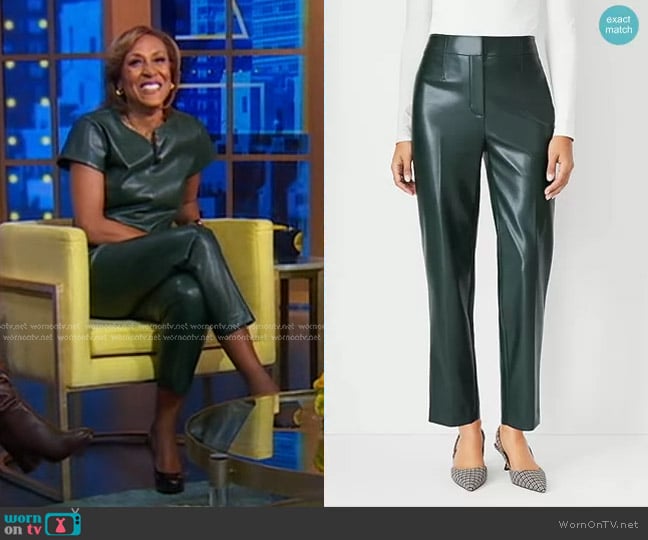 Ann Taylor The Lana Slim Pant in Faux Leather in Boxwood Green worn by Robin Roberts on Good Morning America