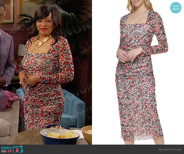 Tommy Hilfiger Harbour Floral Mesh Ruched Midi Dress worn by Paulina Price (Jackée Harry) on Days of our Lives