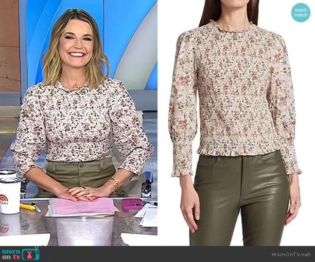 Veronica Beard Kali Floral Smocked Blouse in Ecru Multi worn by Savannah Guthrie on Today