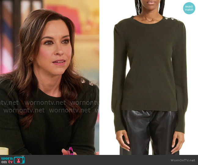 Veronica Beard Nelia Sweater in Loden worn by Lacey Chabert on Celebrations with Lacey Chabert