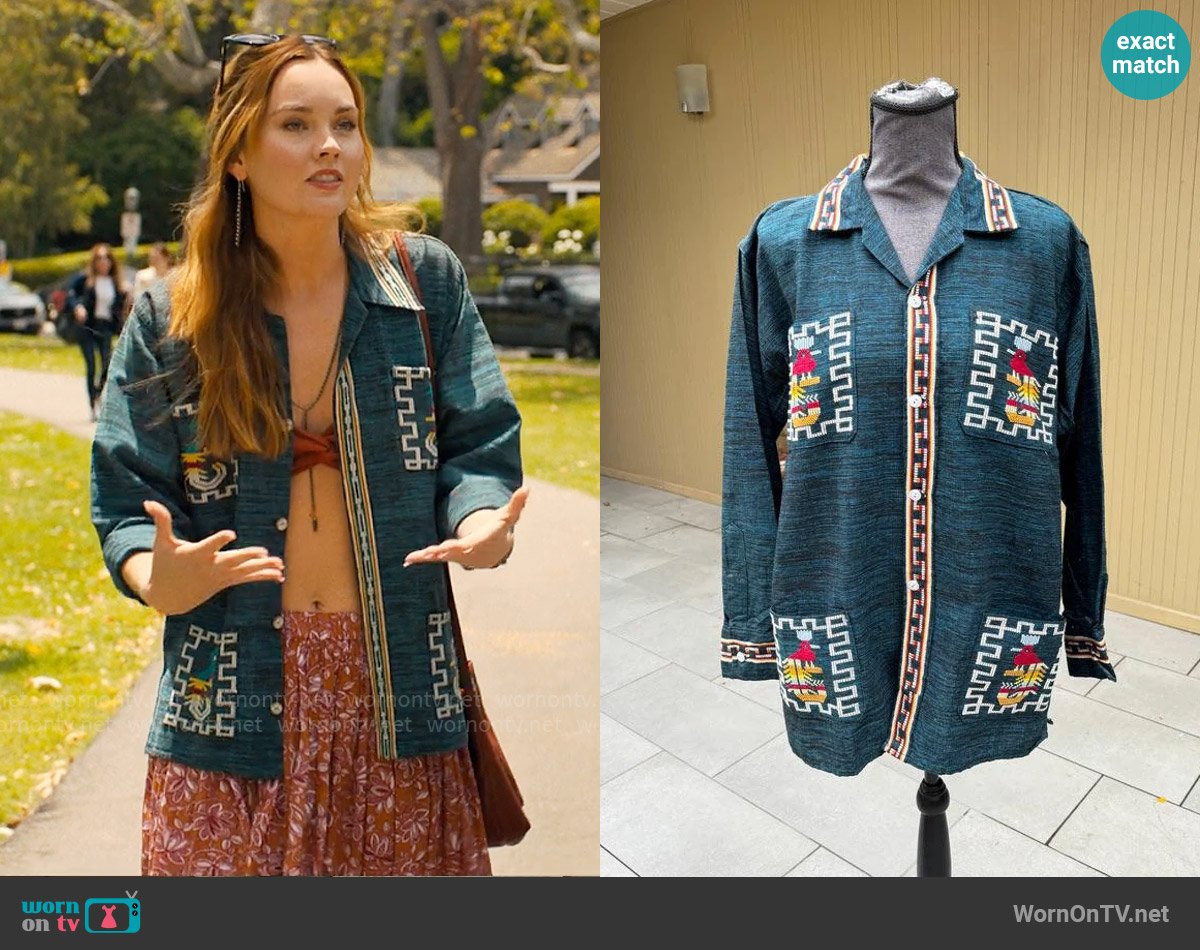  Vintage Guatemalan Quetzal Bird Traditional Shirt Embroidered Button Up Ethnic Jacket  worn by Tory Thompson (Liana Liberato) on Based on a True Story