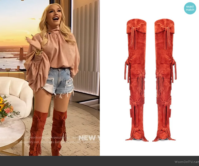 Voyette Lee Jay LA Fringe Boot in Rust worn by Gwen Stefani on The Drew Barrymore Show