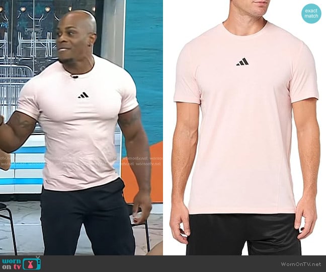 Adidas Designed for Training Workout T-Shirt in Sandy Pink Mel worn by James McMillan on Today