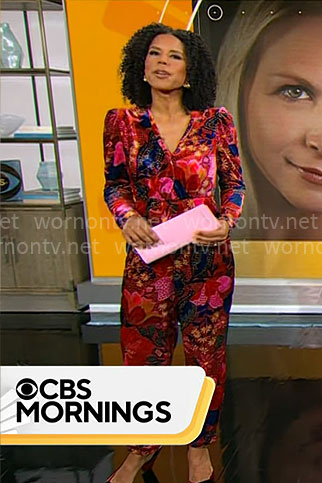 Adriana Diaz’s floral velvet jumpsuit on CBS Mornings