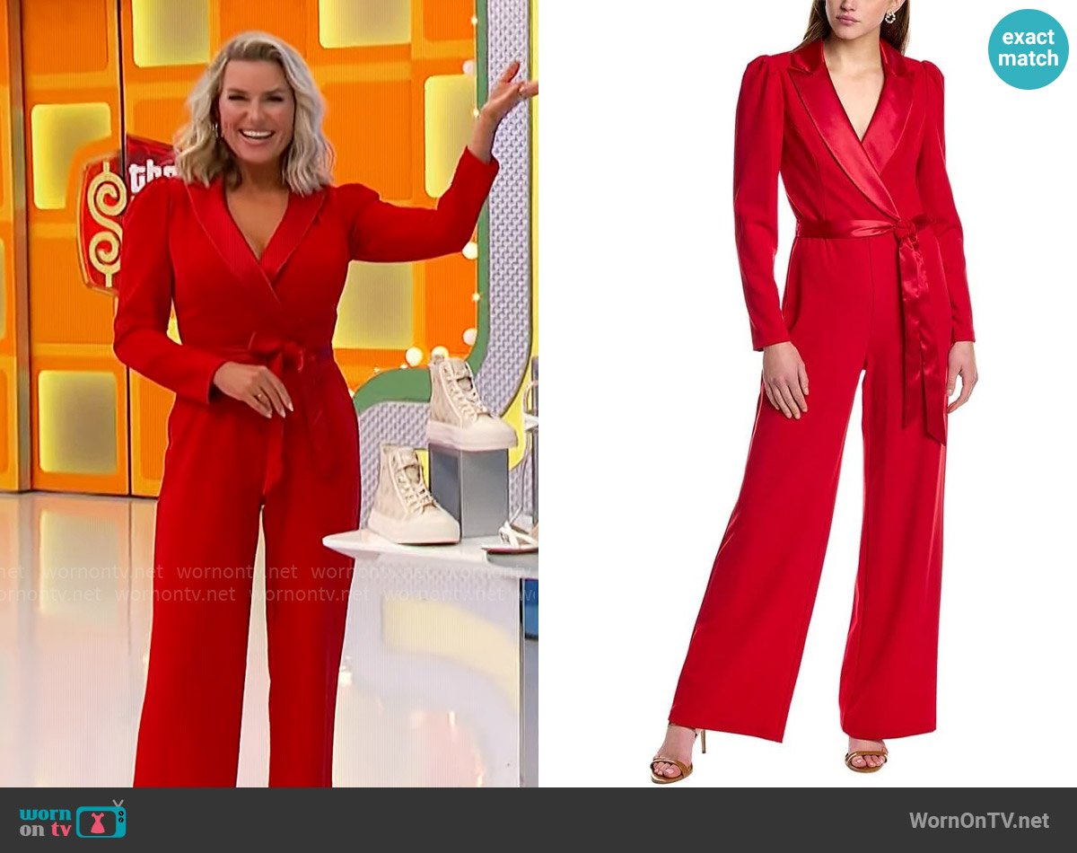 Adrianna Papell Knit Crepe Tuxedo Jumpsuit in Haute Red worn by Rachel Reynolds on The Price is Right