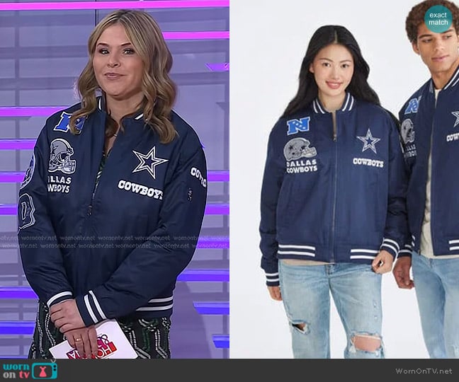 Aeropostale Dallas Cowboys Helmet Bomber Jacket in Blue worn by Jenna Bush Hager on Today