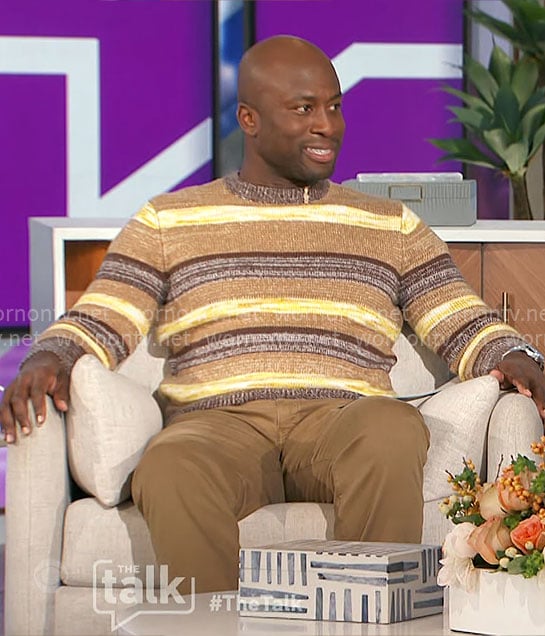 Akbar’s brown and yellow striped sweater on The Talk