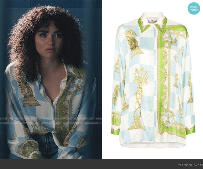 Alemais Checkmate silk shirt worn by Mackenzie Altman (Brittany O’Grady) on Elsbeth