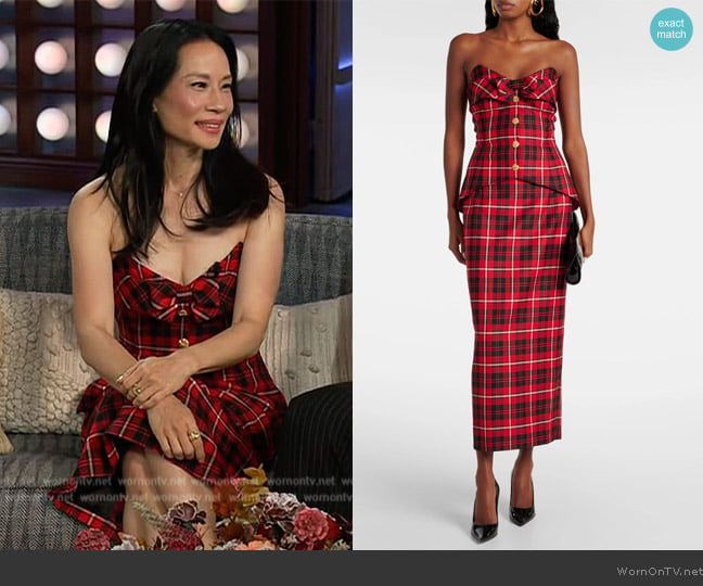 Alessandra Rich Tartan wool midi dress worn by Lucy Liu on The Kelly Clarkson Show