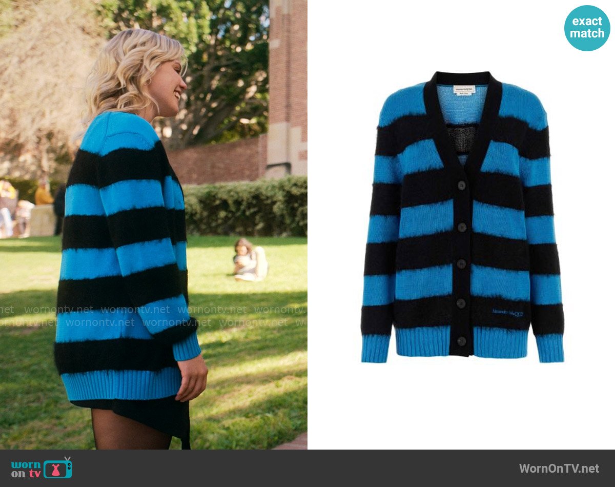 Alexander McQueen Striped Cotton Cardigan worn by Leighton Murray (Reneé Rapp) on The Sex Lives of College Girls