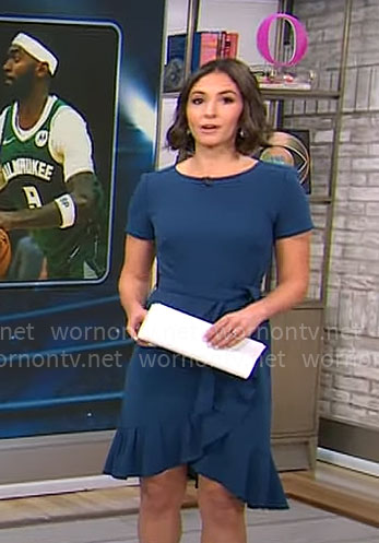 Ali Bauman's blue ruffle hem dress on CBS Mornings