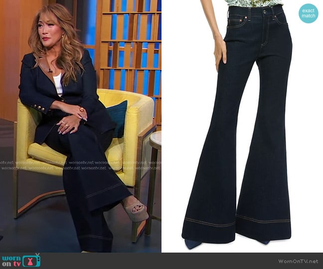 Alice + Olivia High Rise Flare Leg Jeans in Dark Rinse worn by Carrie Ann Inaba on Good Morning America