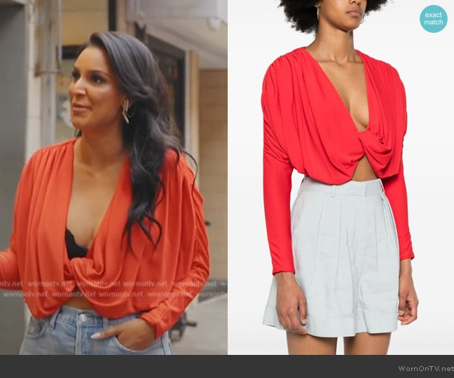 Alice + Olivia Twist-detail ruched cropped blouse worn by Jessel Taank on The Real Housewives of New York City