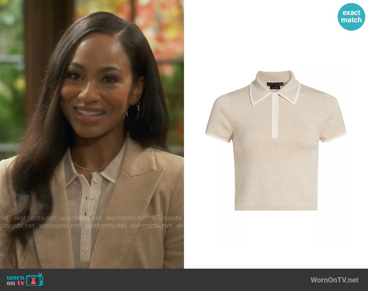 Alice + Olivia Meda Crop Polo Shirt in Oatmeal worn by Nina (Tetona Jackson) on Poppas House