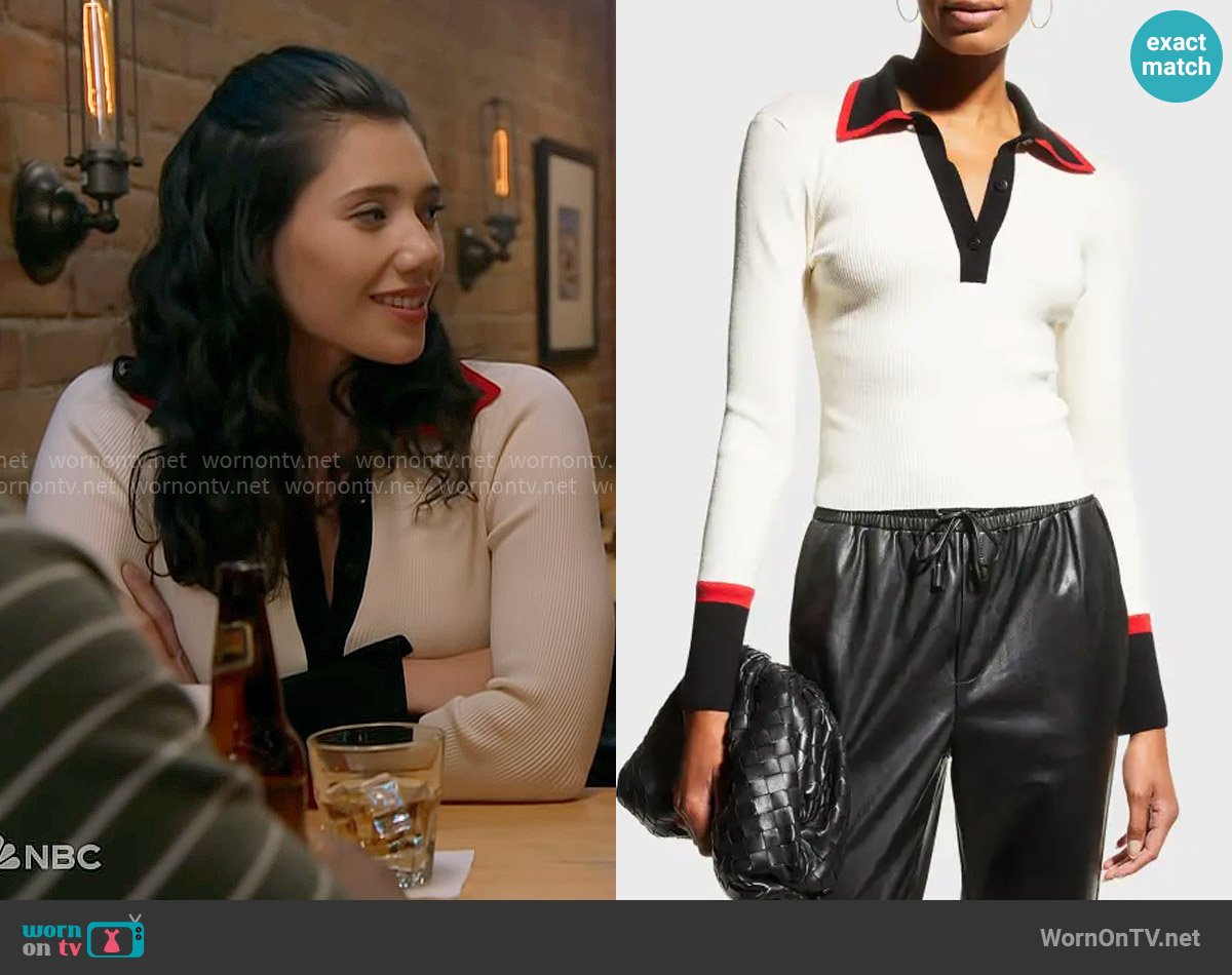 Alice + Olivia Pia Ribbed Wool Blend Polo worn by Violet Mikami (Hanako Greensmith) on Chicago Fire