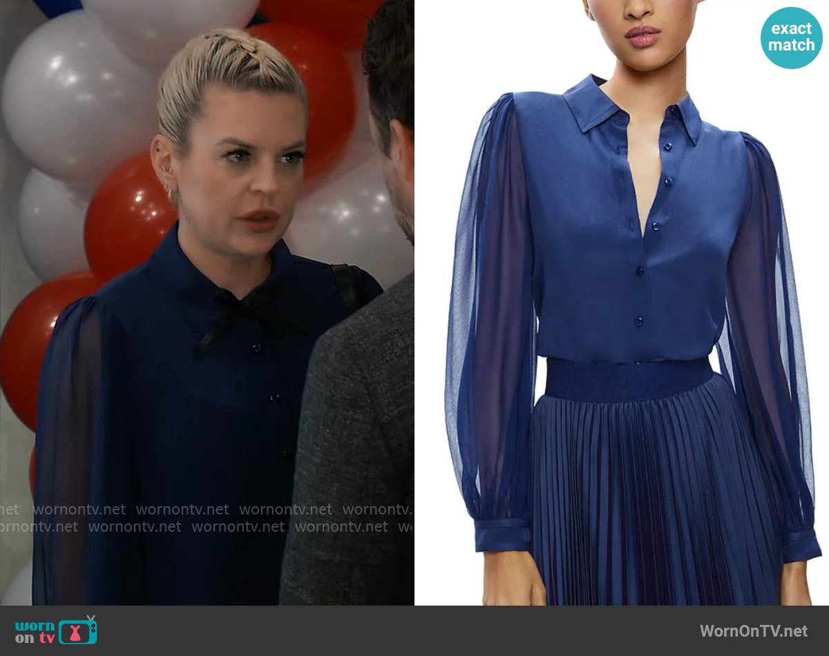 Alice + Olivia Roanne Blouson Sleeve Silk Blouse in Indigo worn by Maxie Jones (Kirsten Storms) on General Hospital