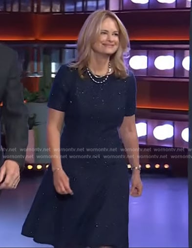 Alison Brown’s navy speckled tweed dress on The Kelly Clarkson Show