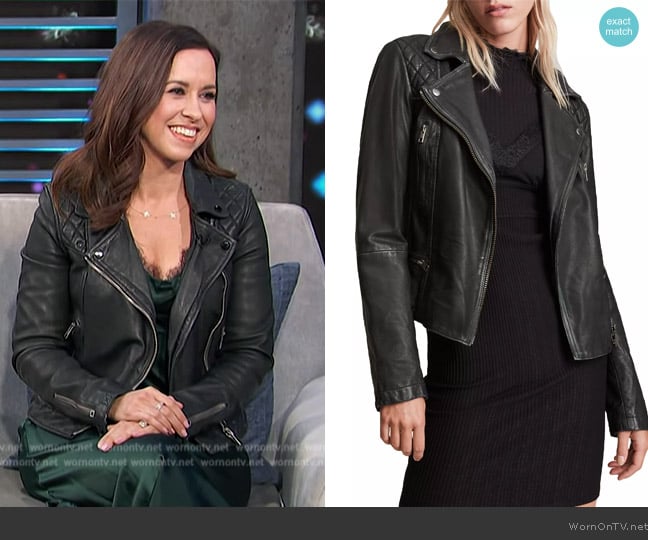 AllSaints Cargo Leather Biker Jacket worn by Lacey Chabert on Access Hollywood