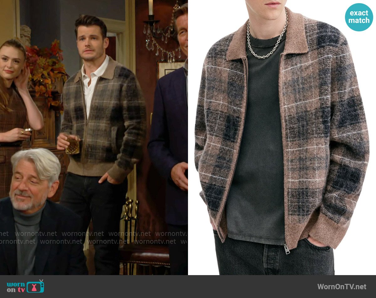 All Saints Robbie Cardigan in Yew Brown worn by Kyle Abbott (Michael Mealor) on The Young and the Restless