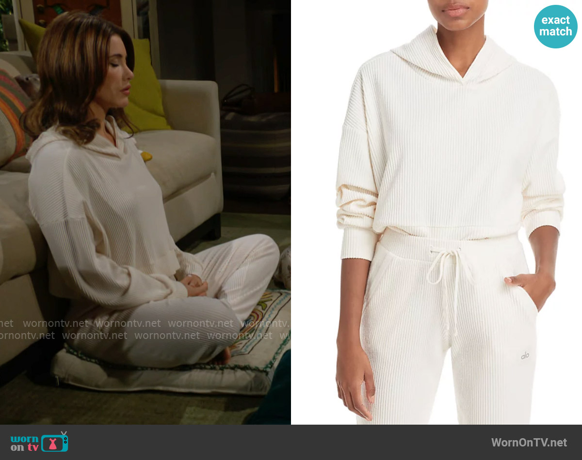 Alo Yoga Muse Rib-Knit Hooded Sweatshirt in Ivory worn by Steffy Forrester (Jacqueline MacInnes Wood) on The Bold and the Beautiful