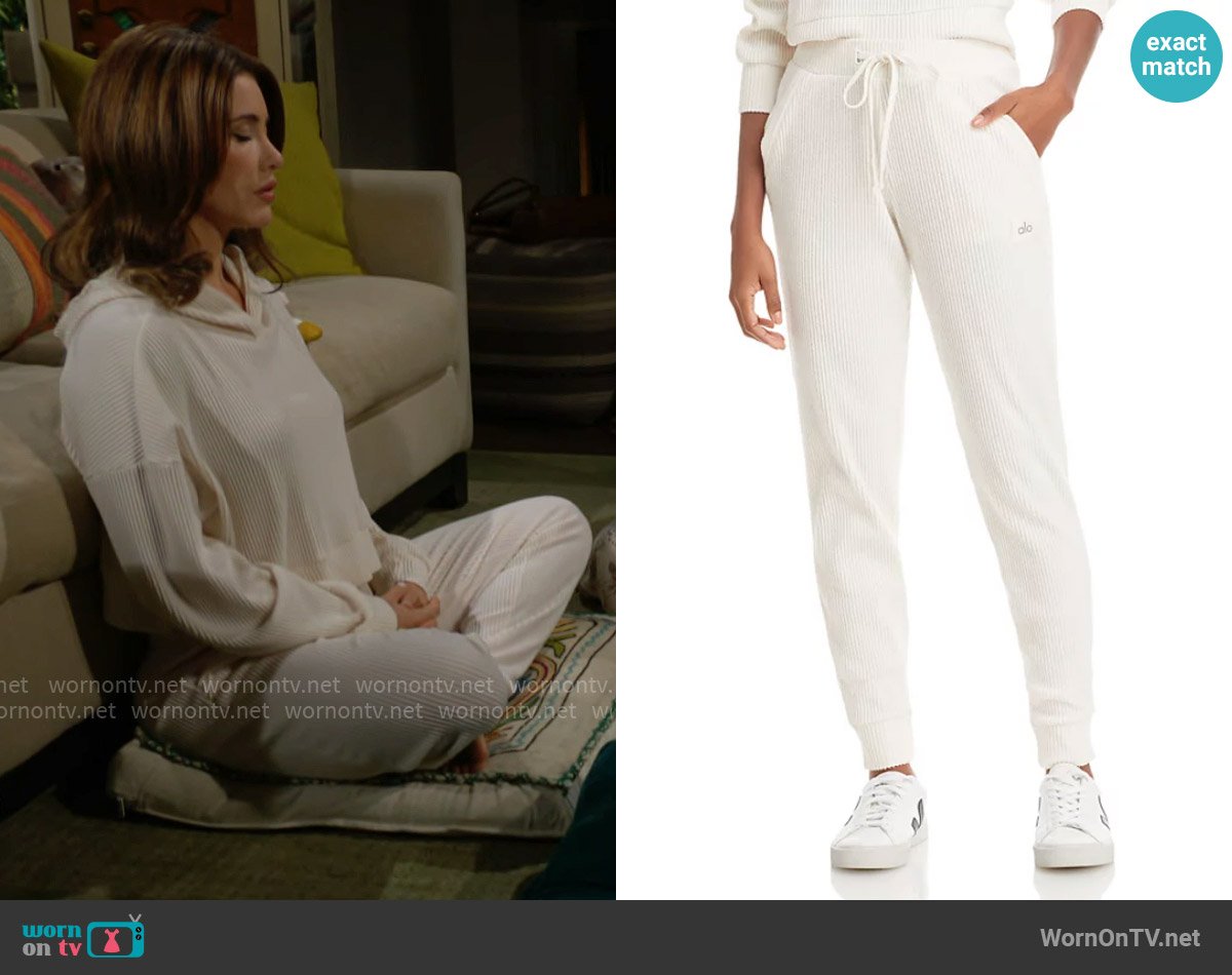 Alo Yoga Muse Rib-Knit Sweatpants in Ivory worn by Steffy Forrester (Jacqueline MacInnes Wood) on The Bold and the Beautiful