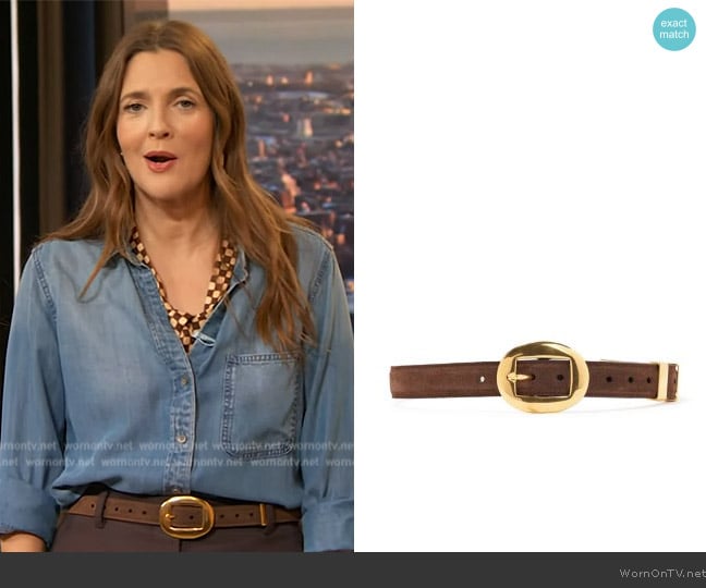 Altuzarra Vintage Brass Buckle Belt worn by Drew Barrymore on The Drew Barrymore Show