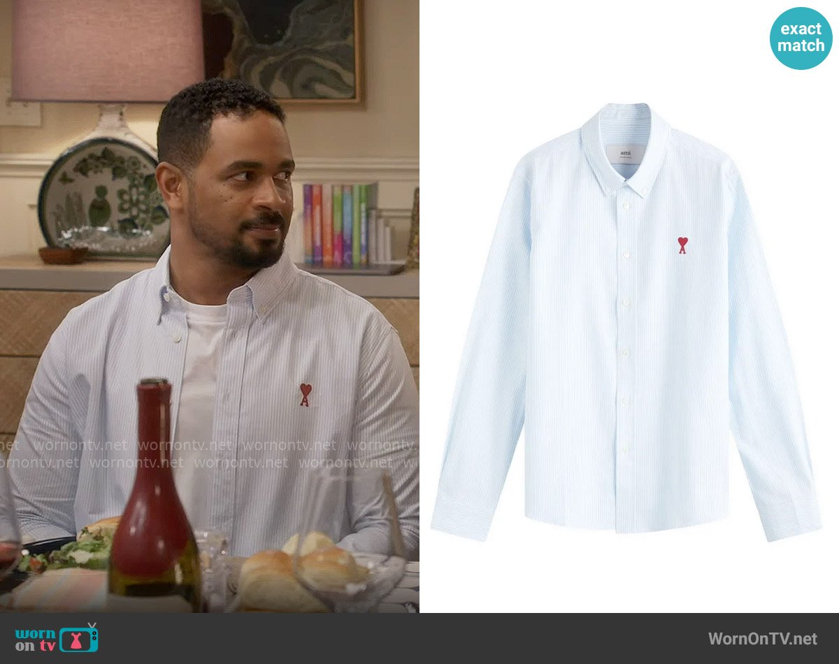 AMI Paris Heart Striped Button Down Oxford Shirt worn by Damon (Damon Wayans Jr.) on Poppas House