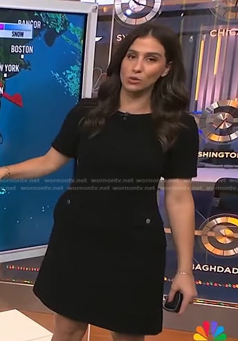 Angie Lassman’s black short sleeve boucle dress on NBC News