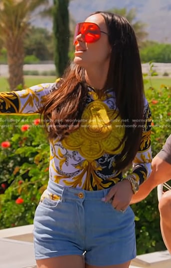 Angie's baroque print top and denim shorts on The Real Housewives of Salt Lake City