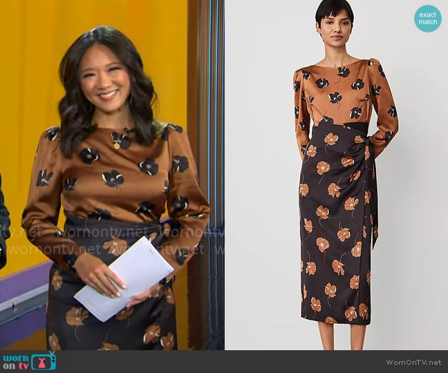 Ann Taylor Floral Boatneck Column Midi Dress worn by Nancy Chen on CBS Mornings