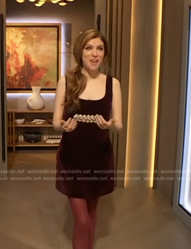 Anna Kendrick's burgundy velvet mini dress on The Drew Barrymore Show