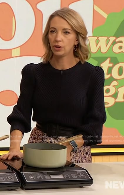 Anna Robertson's black ribbed puff sleeve sweater and skirt on The Drew Barrymore Show