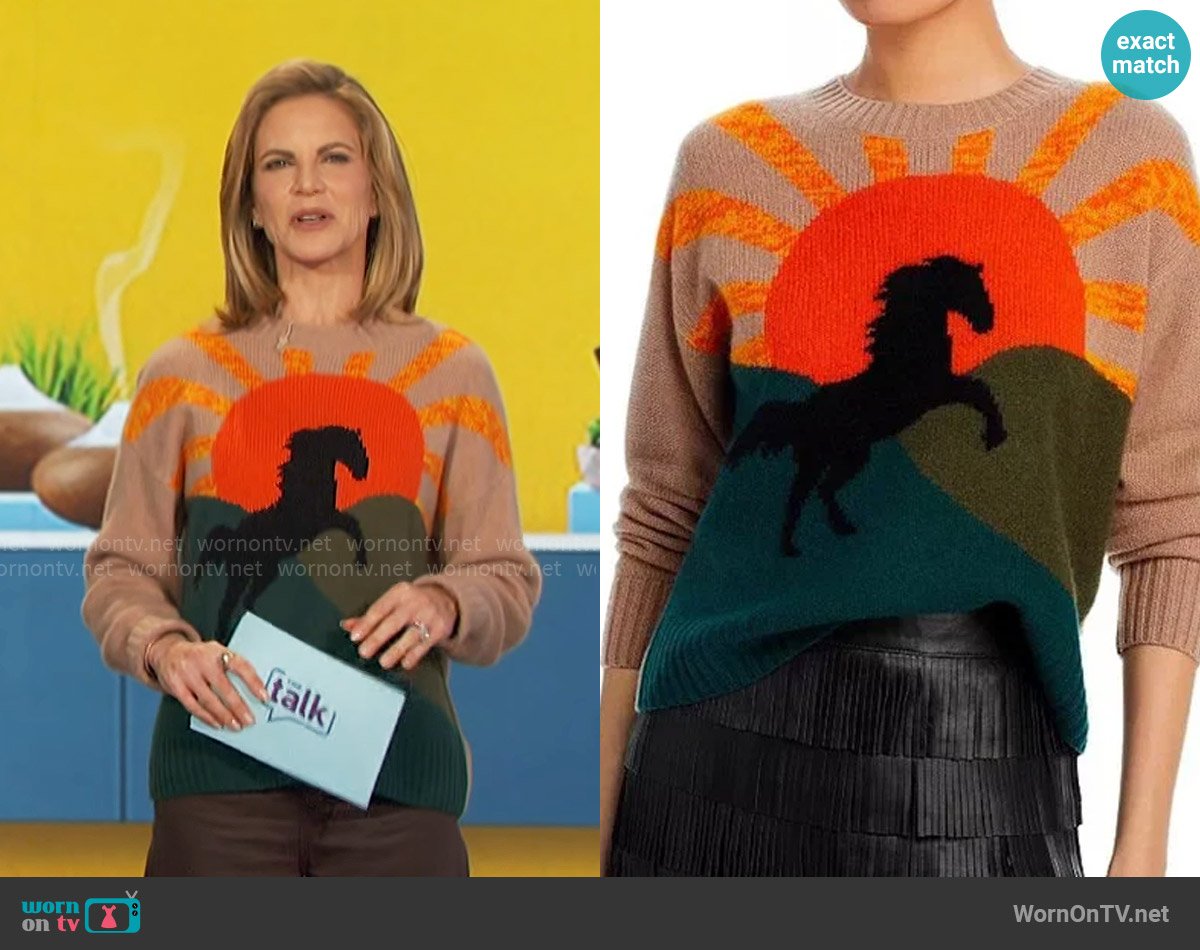 Aqua Horse Intarsia Crewneck Cashmere Sweater worn by Natalie Morales on The Talk