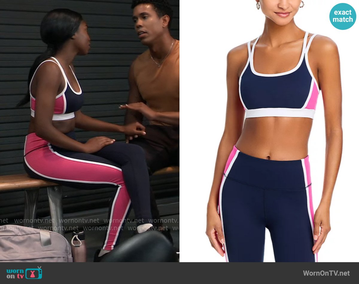 Aqua Toned Out Double Strap Color Block Sports Bra in Raspberry worn by Trina Robinson (Tabyana Ali) on General Hospital