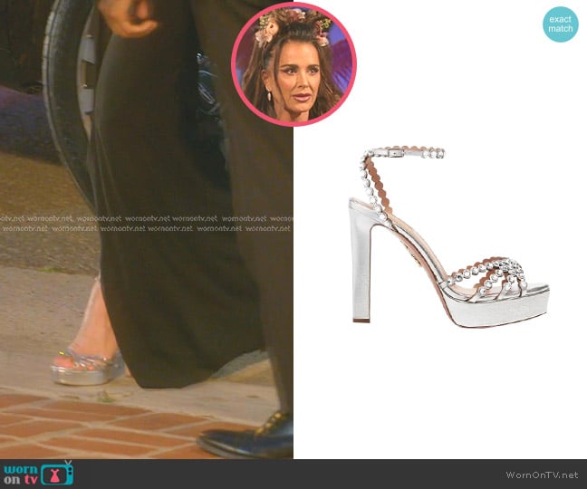 Aquazzura Tequila Metallic Embellished Platform Sandals worn by Kyle Richards on The Real Housewives of Beverly Hills