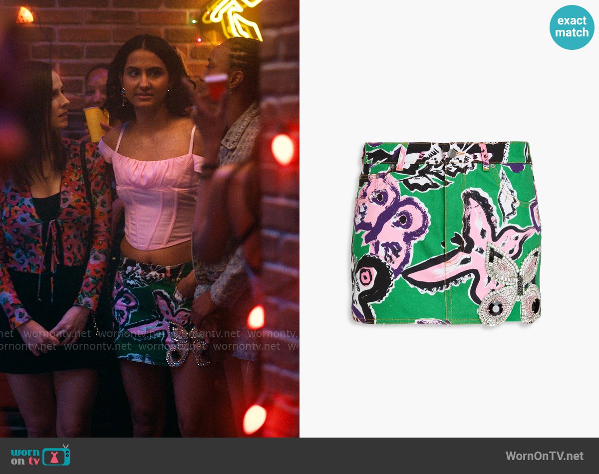 Area Embellished floral-print denim mini skirt worn by Bela Malhotra (Amrit Kaur) on The Sex Lives of College Girls