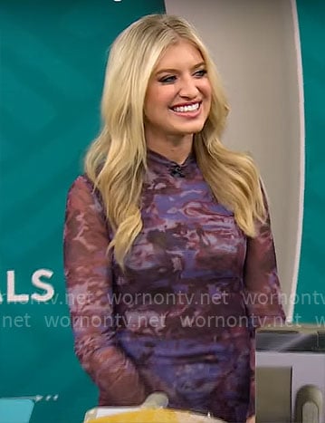 Ashley Bellman’s purple printed mesh dress on CBS Mornings