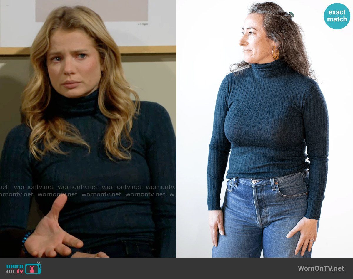 Autumn Cashmere Variegated Rib Turtleneck in Malachite worn by Summer Newman (Allison Lanier) on The Young and the Restless