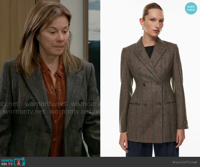 Babaton at Aritzia Onboard Blazer in Lyle blk/ matte pearl worn by Alexis Davis (Nancy Lee Grahn) on General Hospital